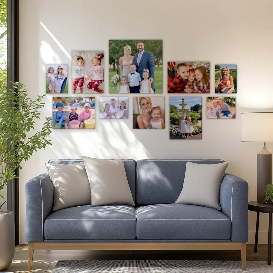A cozy living room centerpiece featuring a warm, colorful gallery wall