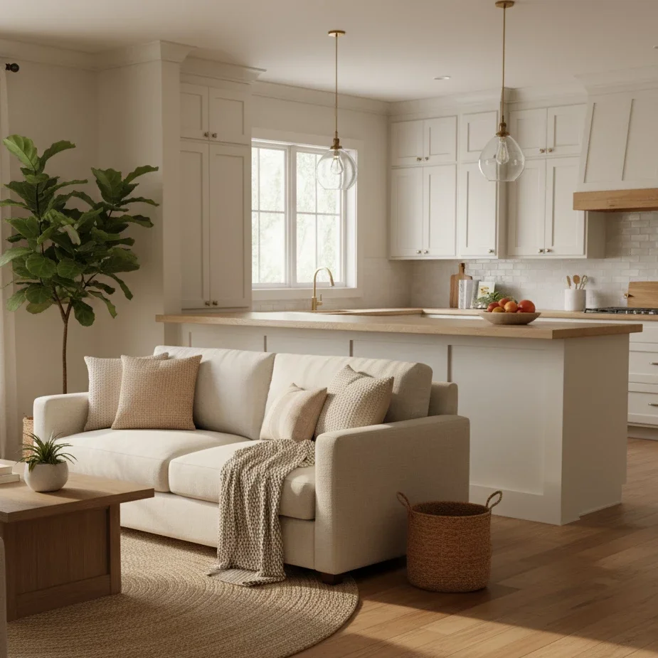 Open living room and kitchen with neutral sofa and island