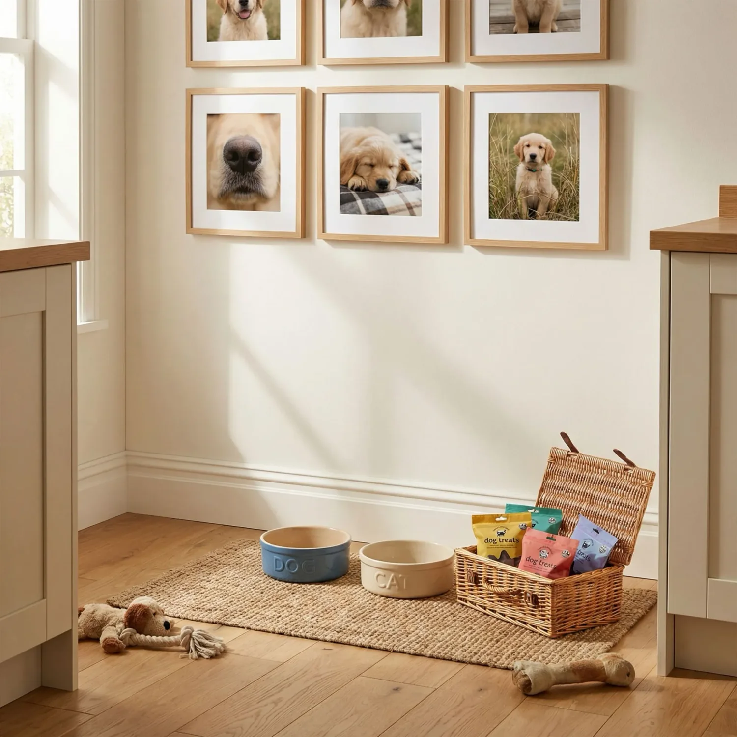 Pet feeding station with framed puppy photos gallery wall