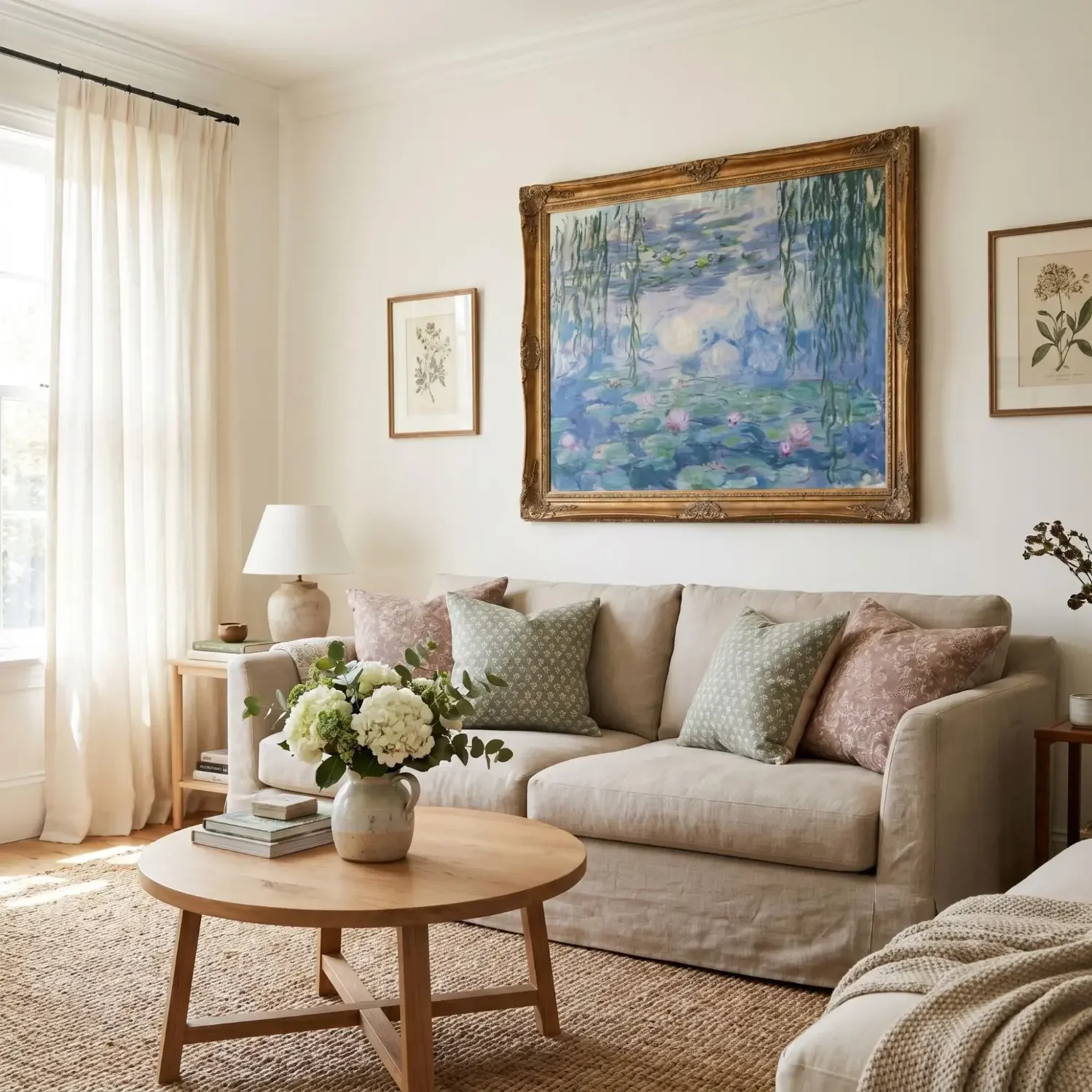 Monet Water Lilies framed art in a cozy living room