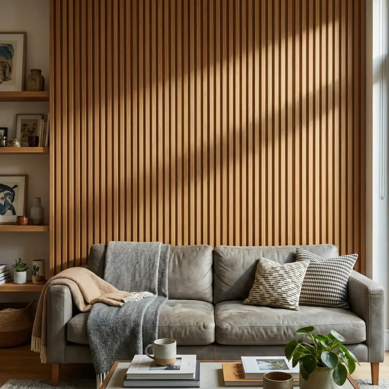 Gray sofa against wood slat accent wall in sunlit living room