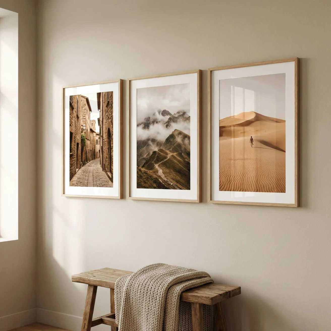 Three coordinating travel framed photos on wall