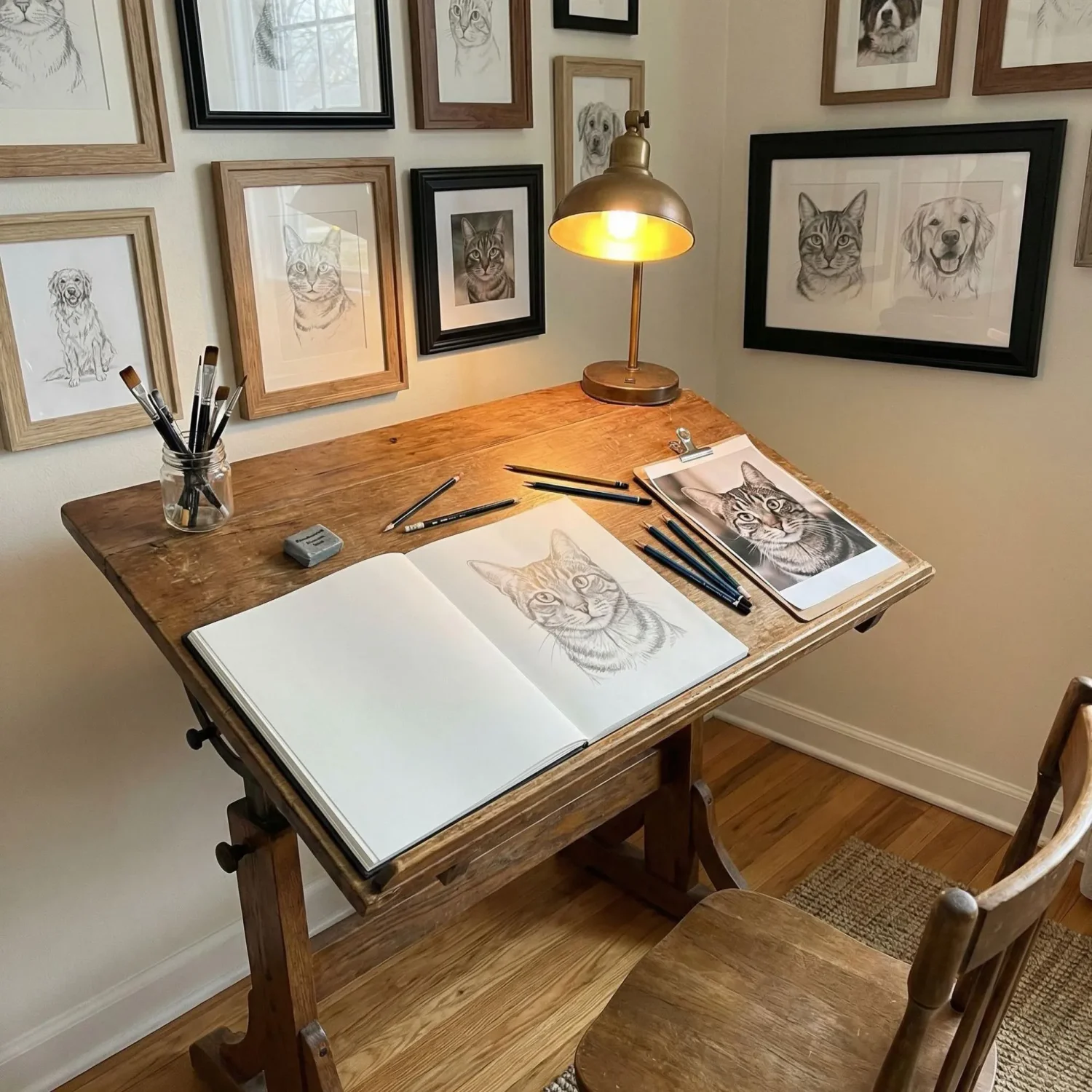 Traditional pencil pet portrait sketch on drafting table