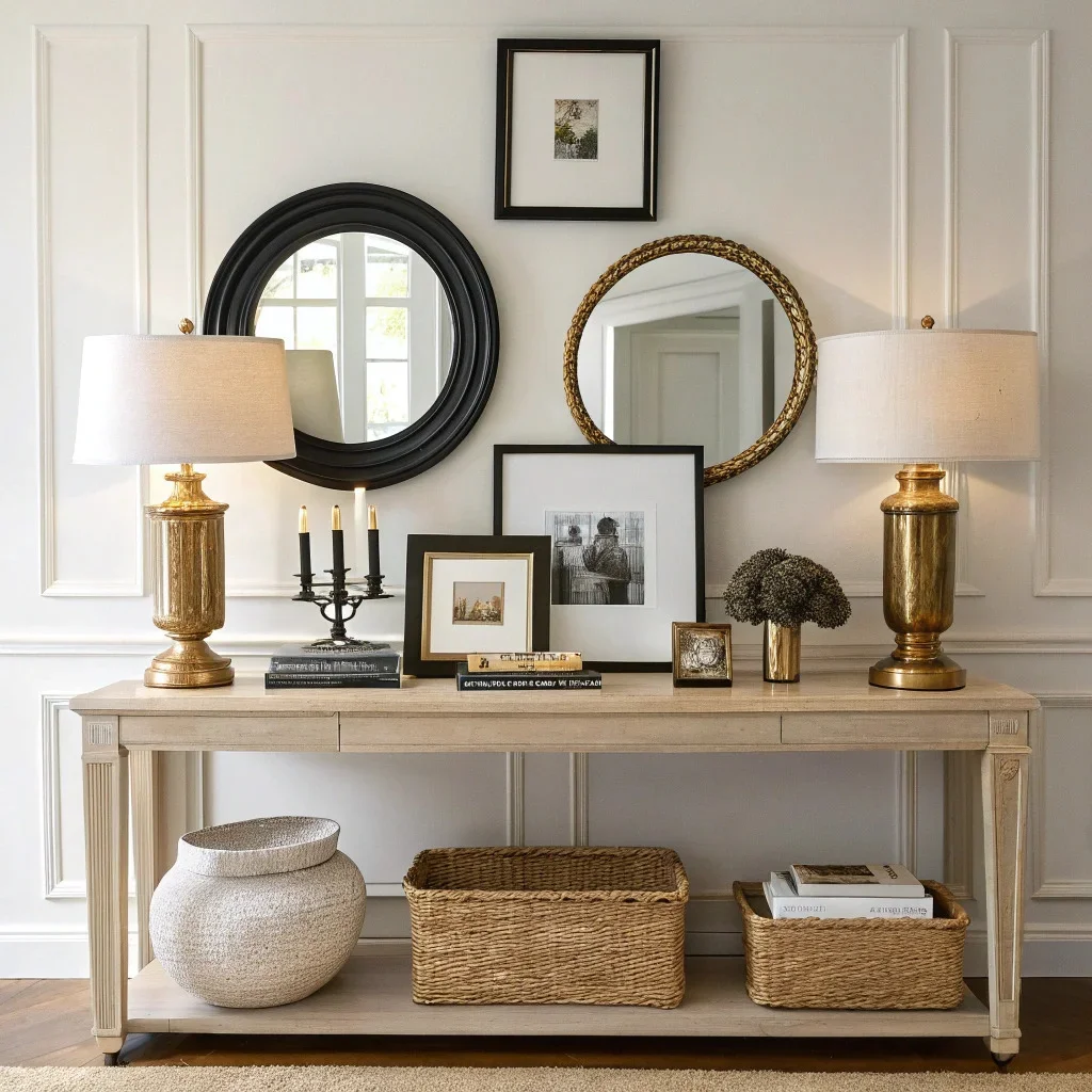 Nancy Meyers–inspired vignette featuring brass or nickel lighting, black-framed photos or mirrors, and cohesive classic accessories that add contrast and structure to a neutral room.
