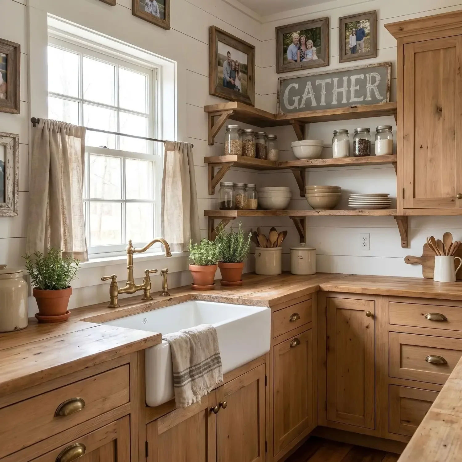 Rustic farmhouse kitchen with sign and framed photos