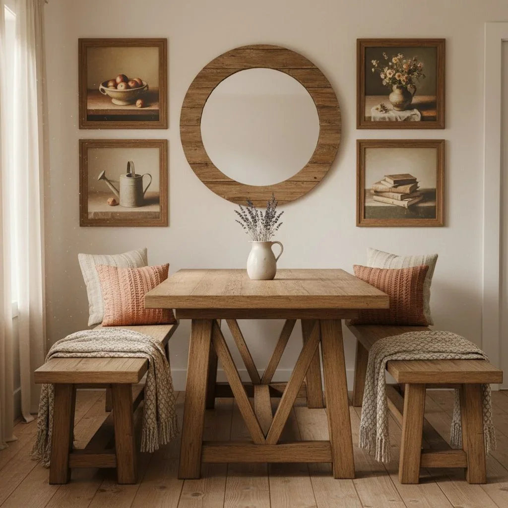Cozy farmhouse dining room with warm wood frames