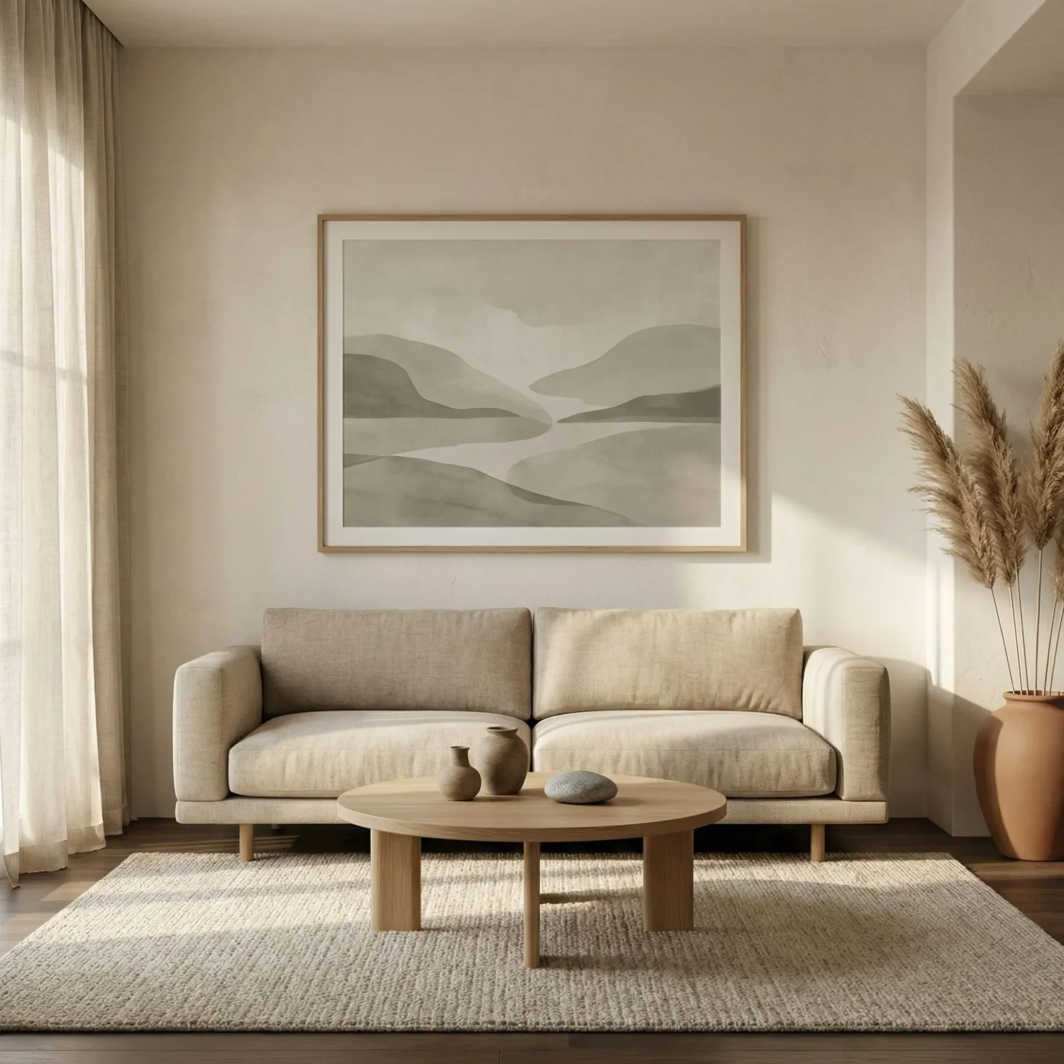 Japandi living room with framed landscape above sofa