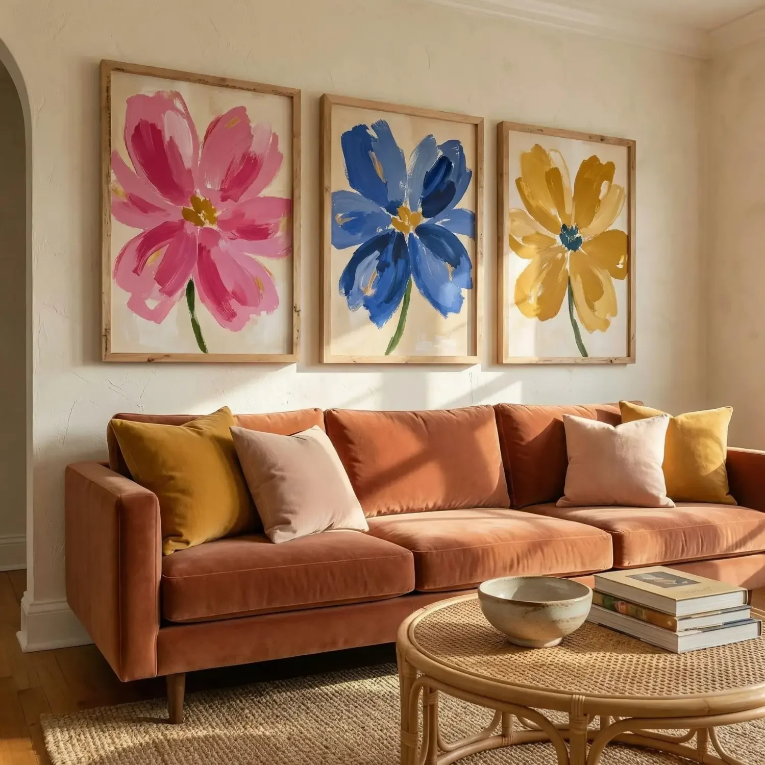 Abstract floral framed pictures in vibrant living room