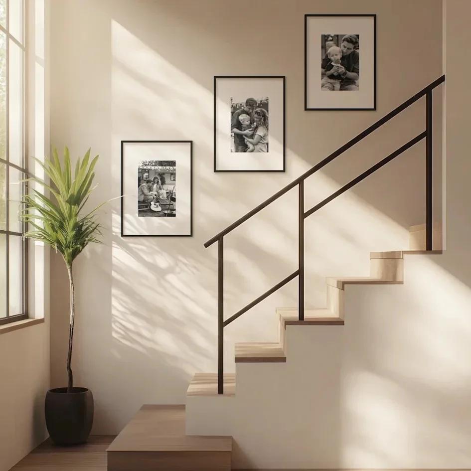 Sunlit staircase with framed black-and-white family photos