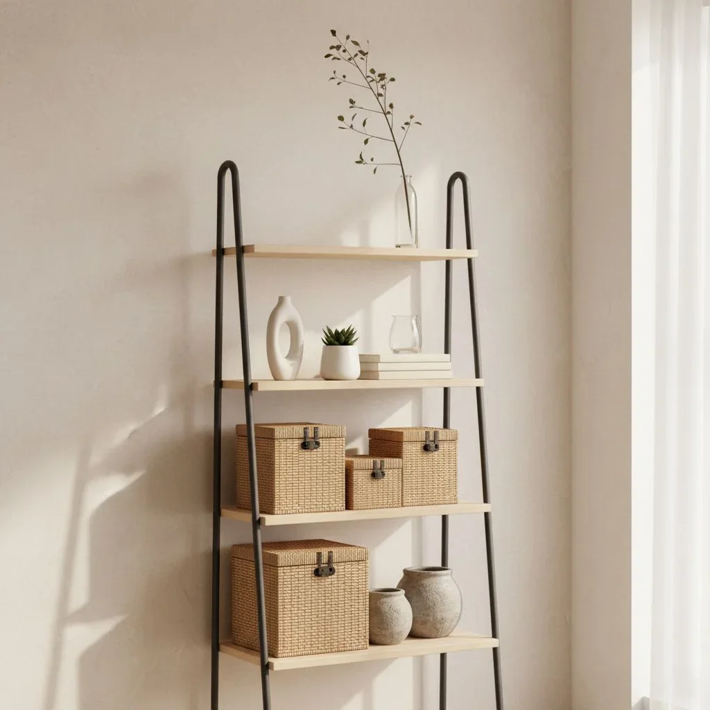 Ladder shelf styled from heavy to airy