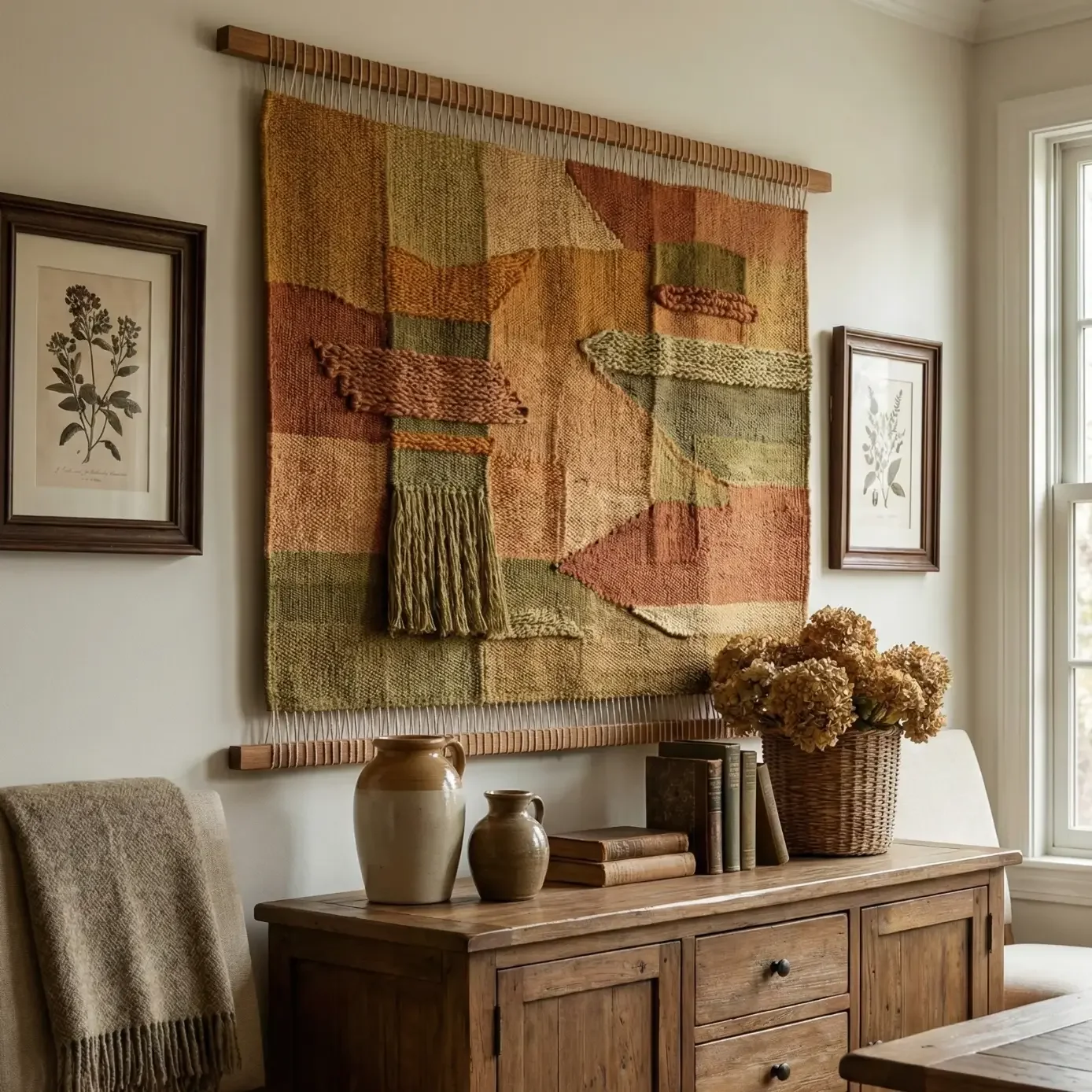 Textured woven wall trapestry above rustic wooden sideboard.