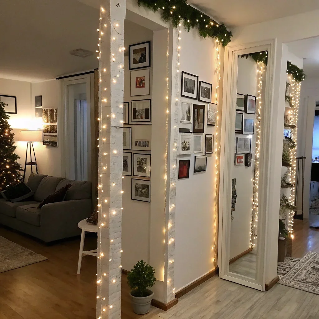 A compact holiday apartment featuring vertical columns of photo tiles, mirrors and fairy lights to expand the space, and peel-and-stick decor that keeps walls renter-friendly.