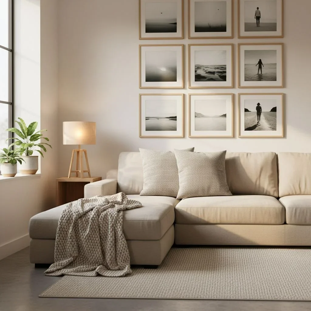 Budget-friendly living room decor with photo wall