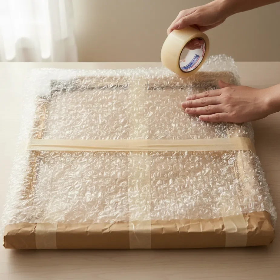 wrapping framed art in bubble wrap and sealing with tape