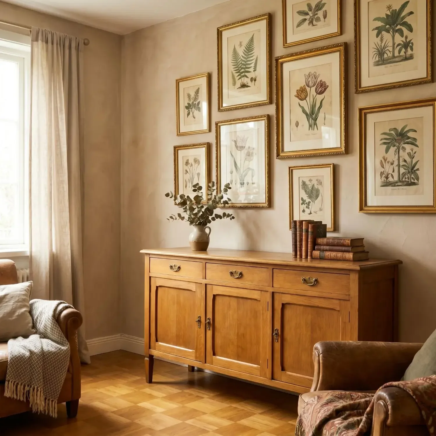 Vintage botanical prints in gold frames on wall