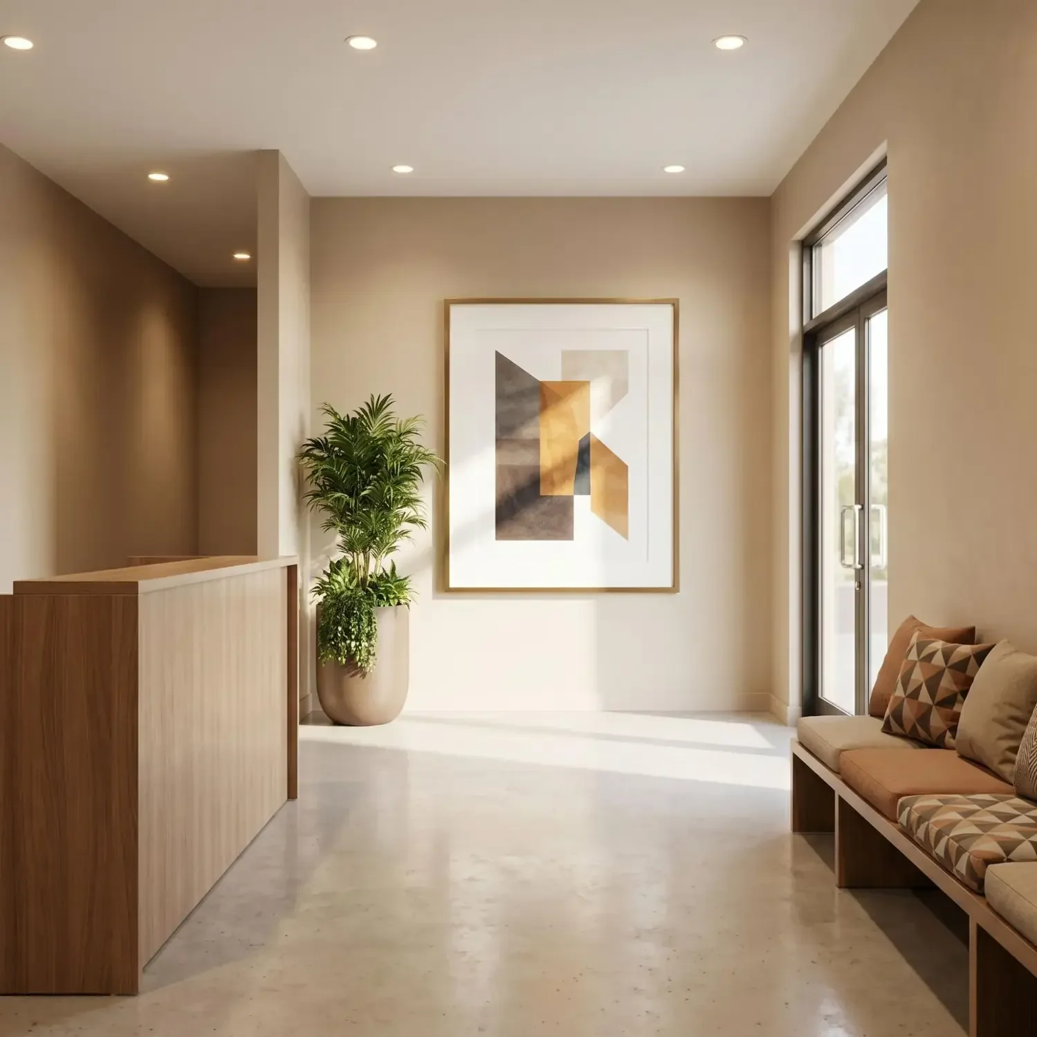 Office reception area with large motivational framed picture