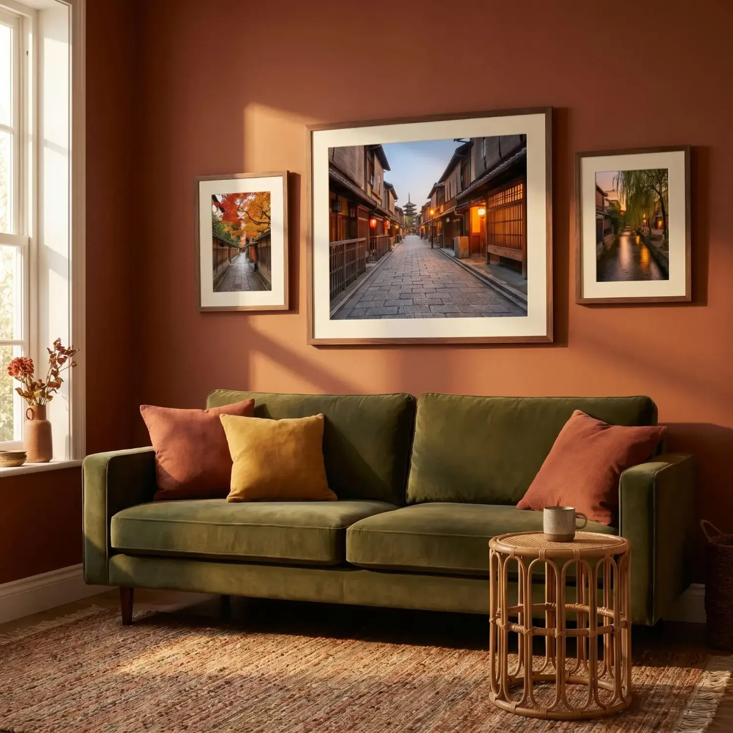 Kyoto street framed photos above couch