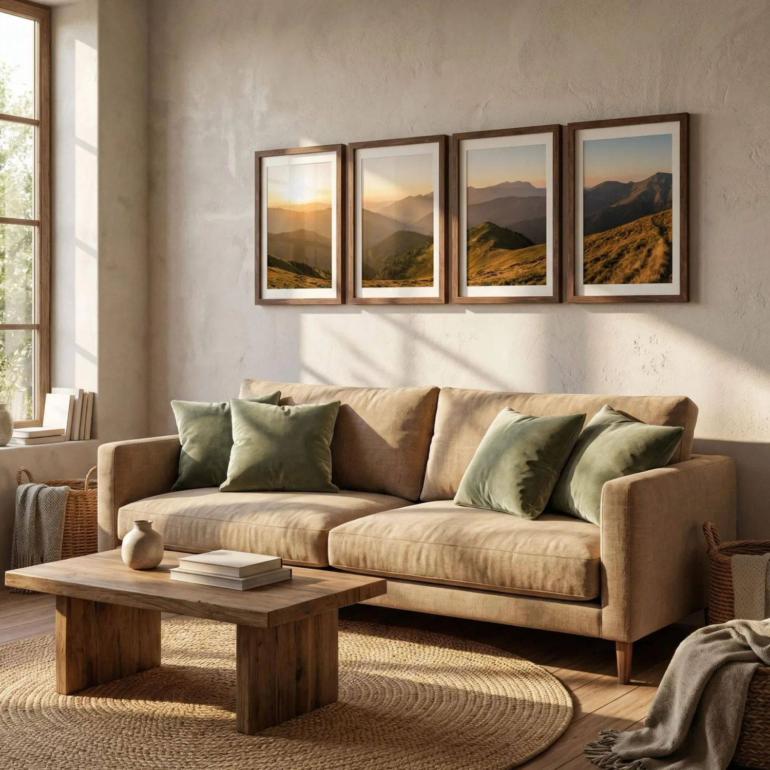 4-piece framed photos above sofa in living room