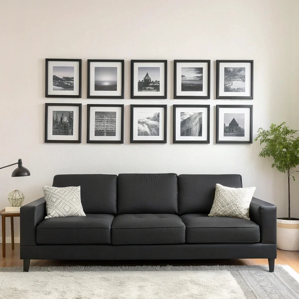 A living room with a sofa and a clean, symmetrical grid of black-framed black-and-white art above it, creating a modern minimalist focal point.