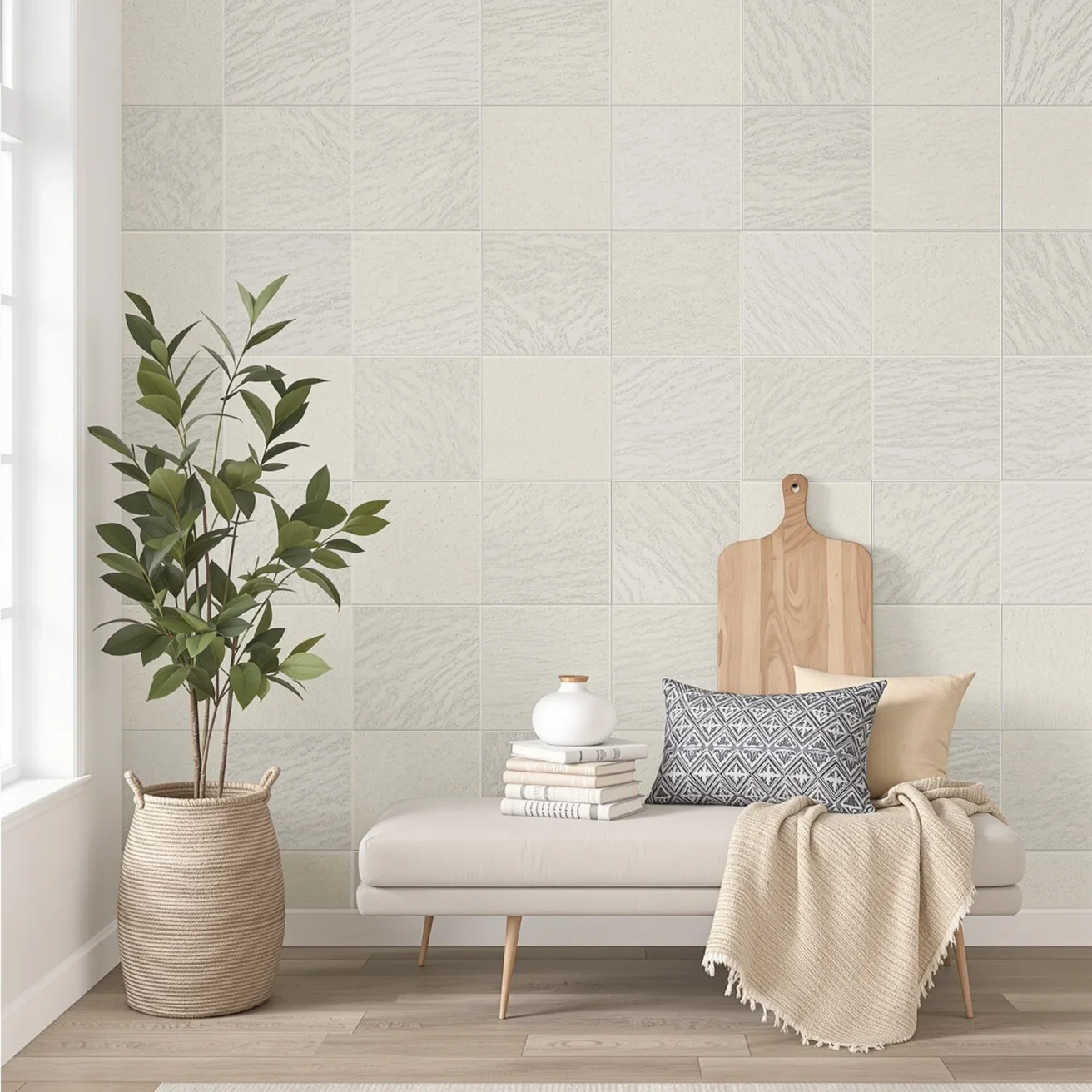 Limewash textured wall with natural decor