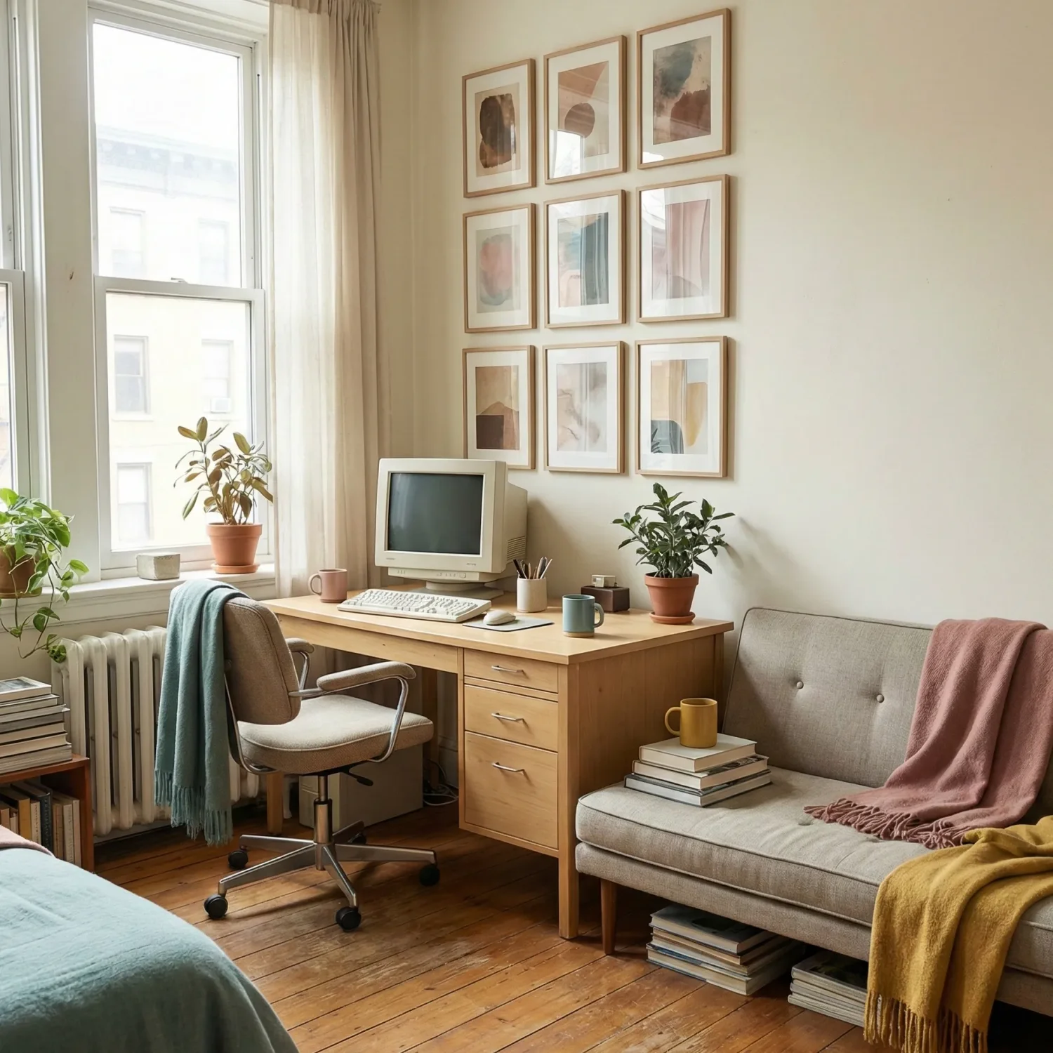 Cozy home office with vintage computer, plants, and wall art