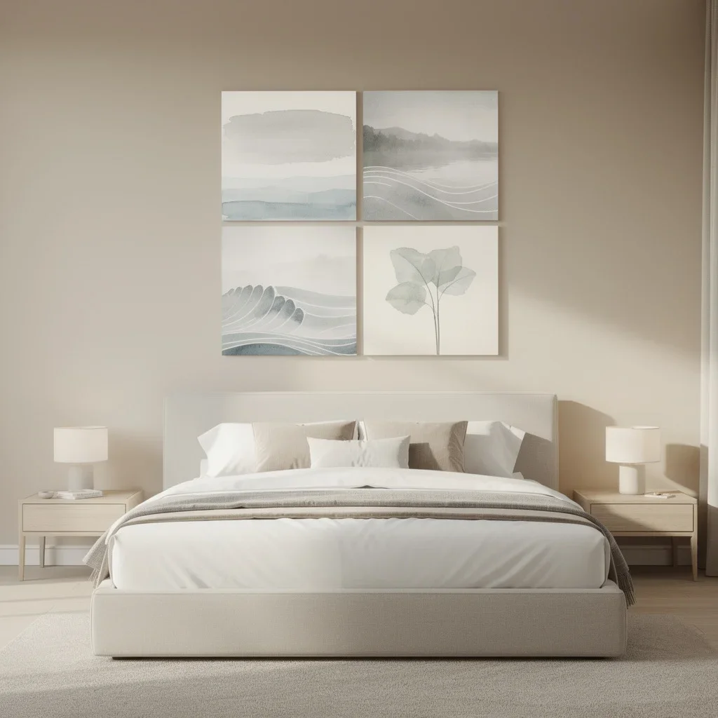 Calm bedroom with 4-framed art over headboard