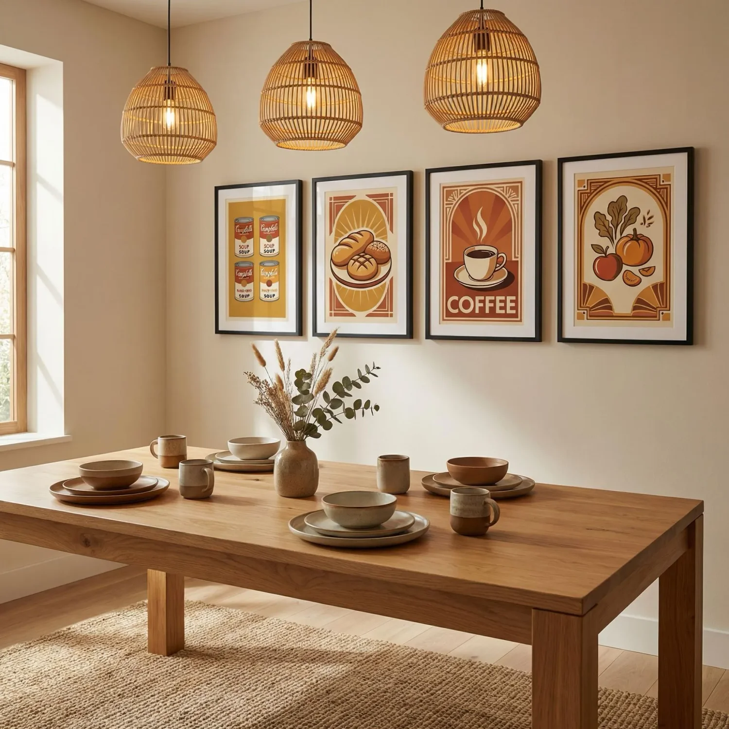 Vintage pop art framed prints in dining room row