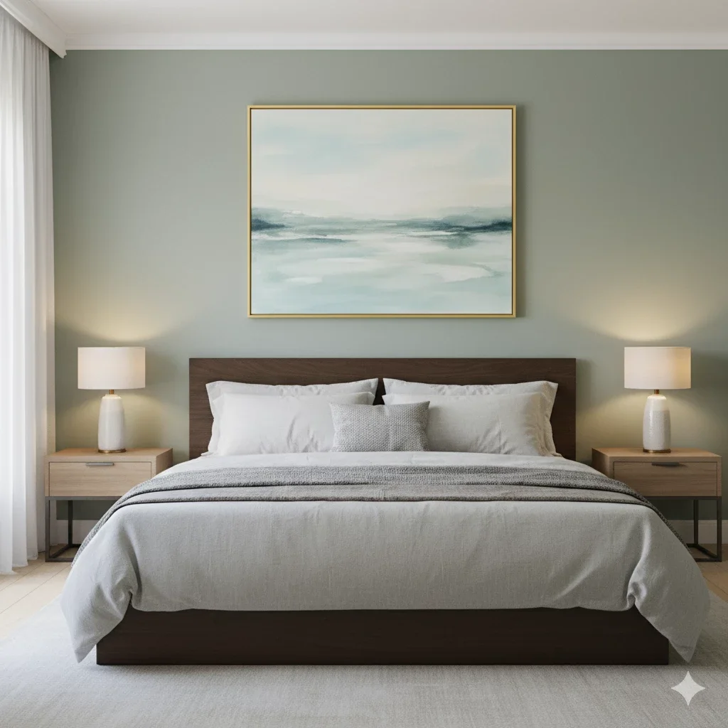 abstract landscape above bed in calm sage bedroom