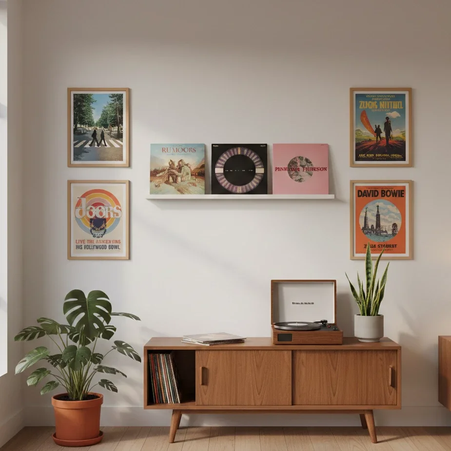 Vinyl record corner with turntable, album covers, and wall art