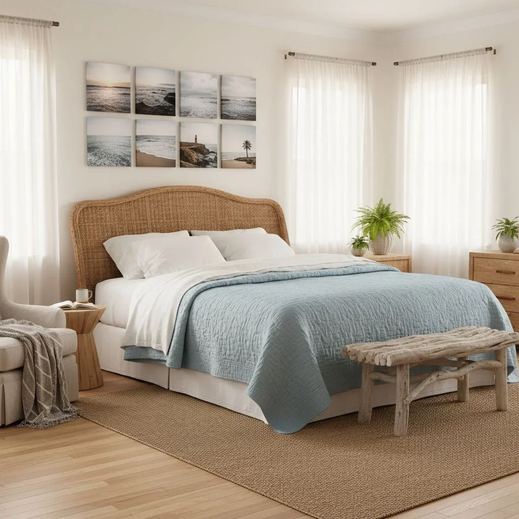 Calm coastal bedroom with soft natural light