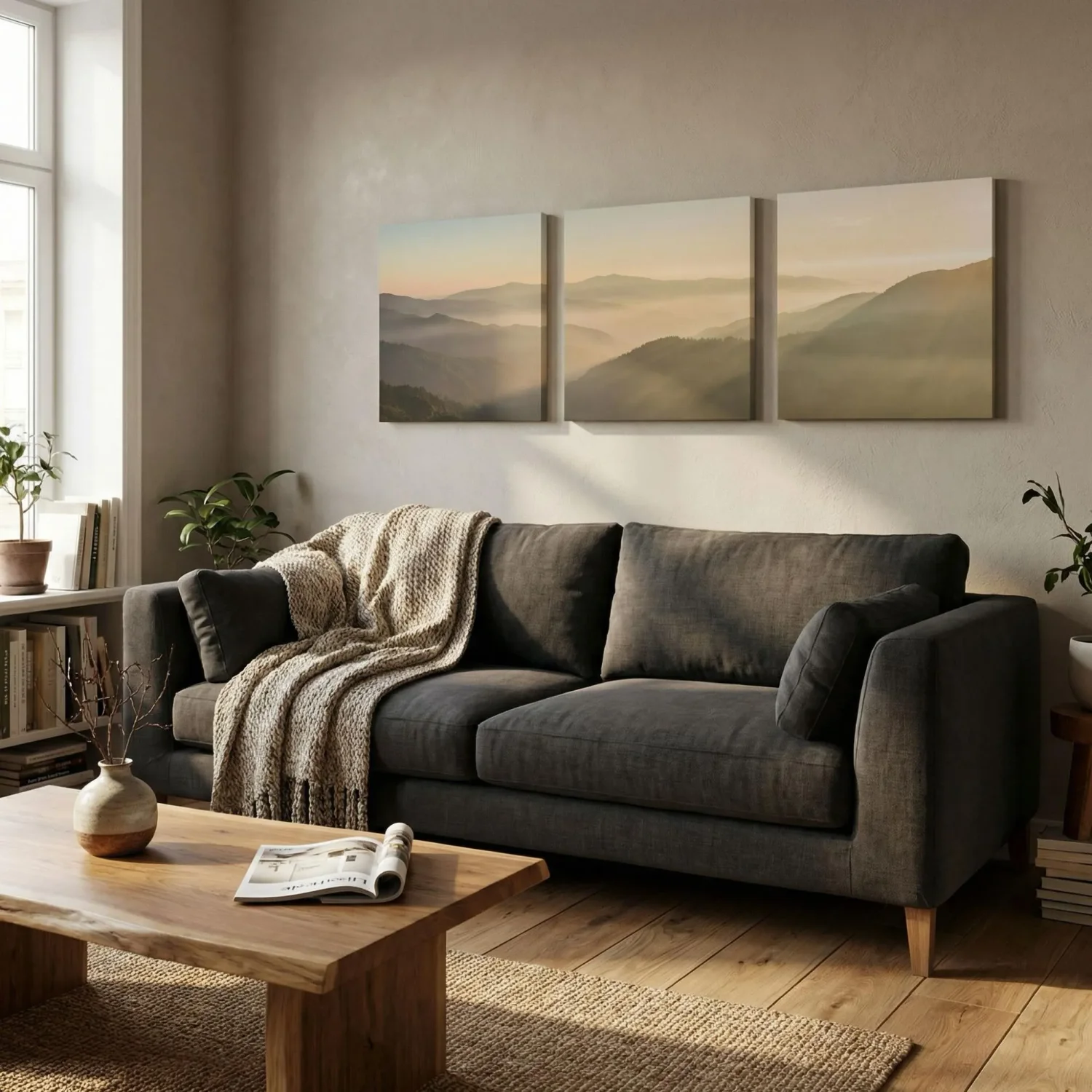 Triptych split canvas panorama above modern sofa