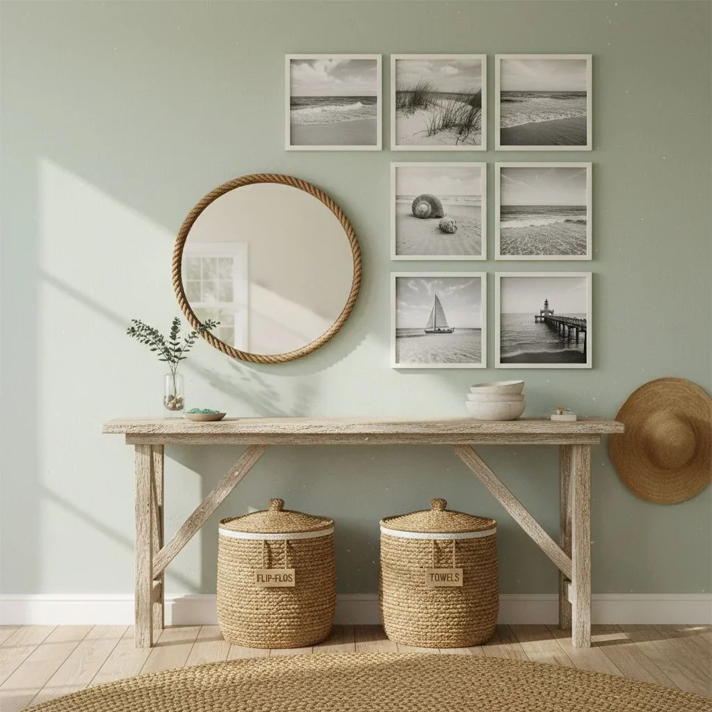 Coastal entryway with beach photo grid and woven textures