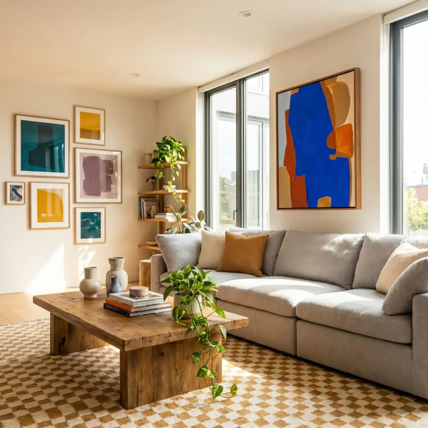 Bold abstract art above sofa in modern living room