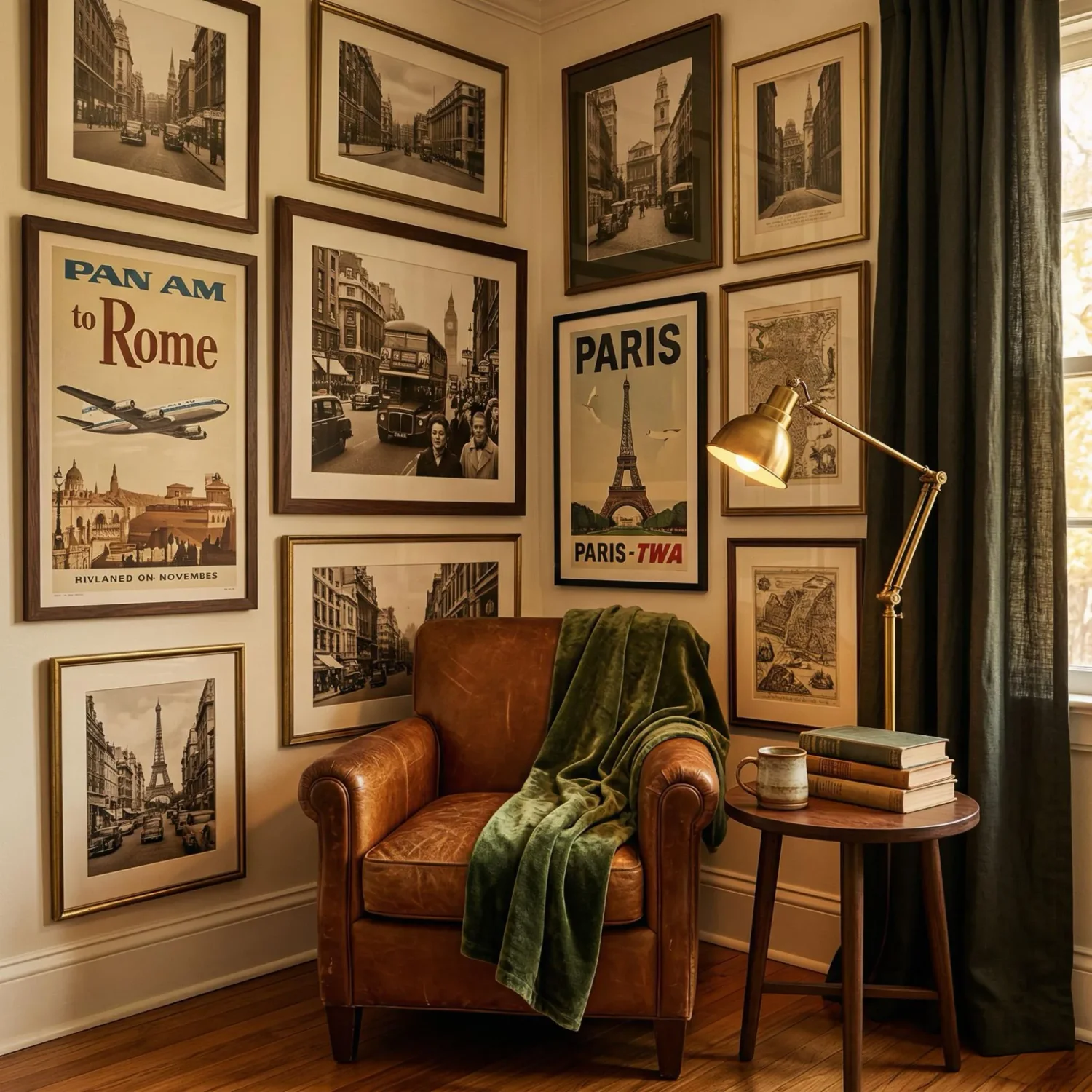 Vintage travel posters framed in cozy reading nook