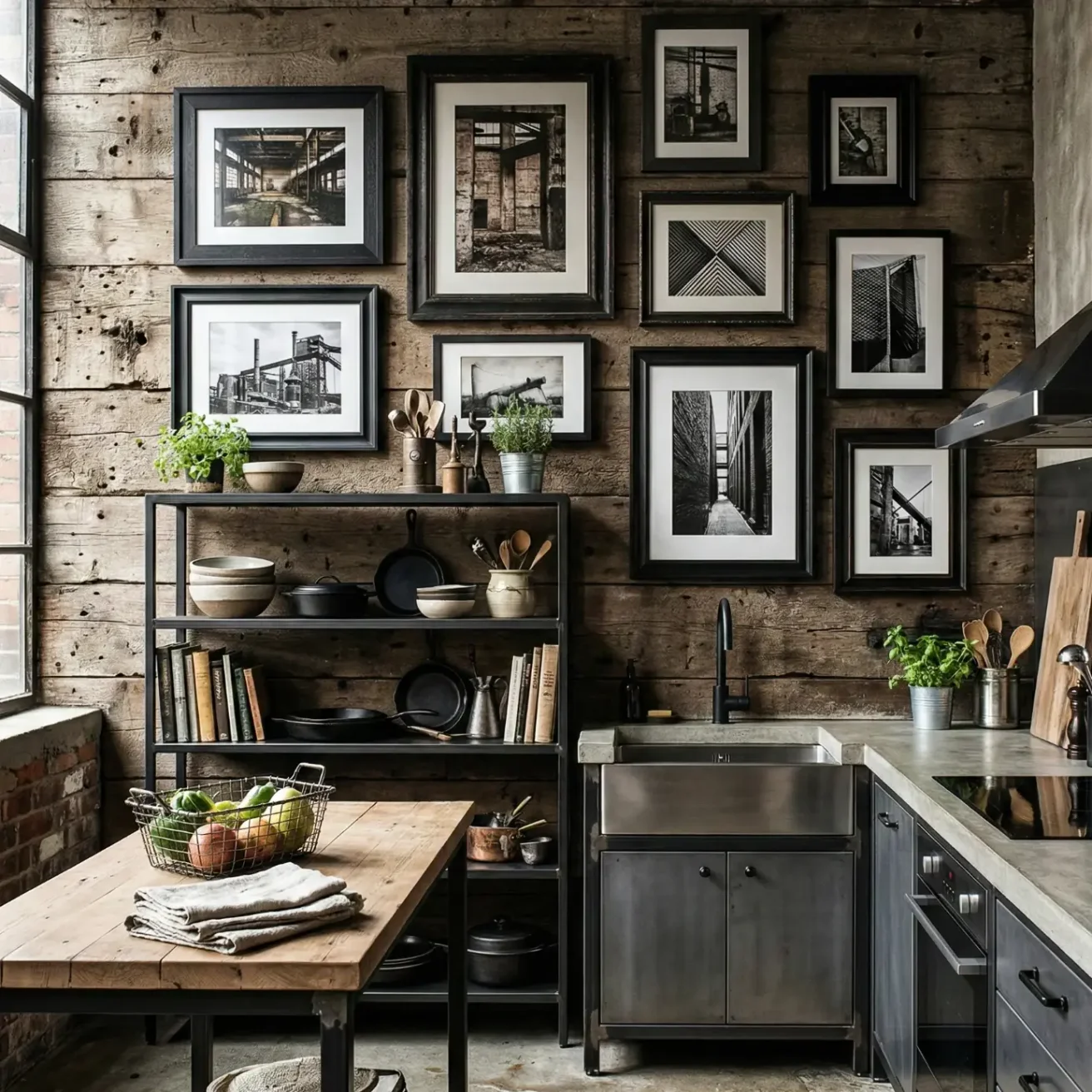 Industrial kitchen with black-and-white gallery on wood wall