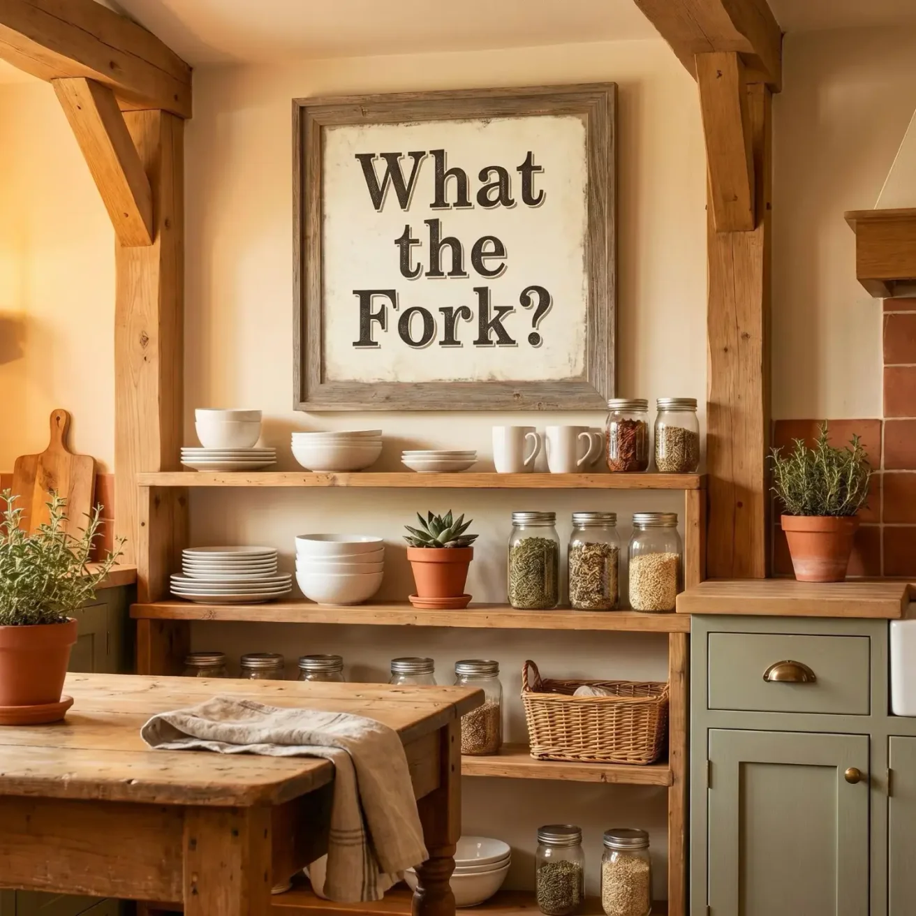What the Fork framed sign in farmhouse kitchen