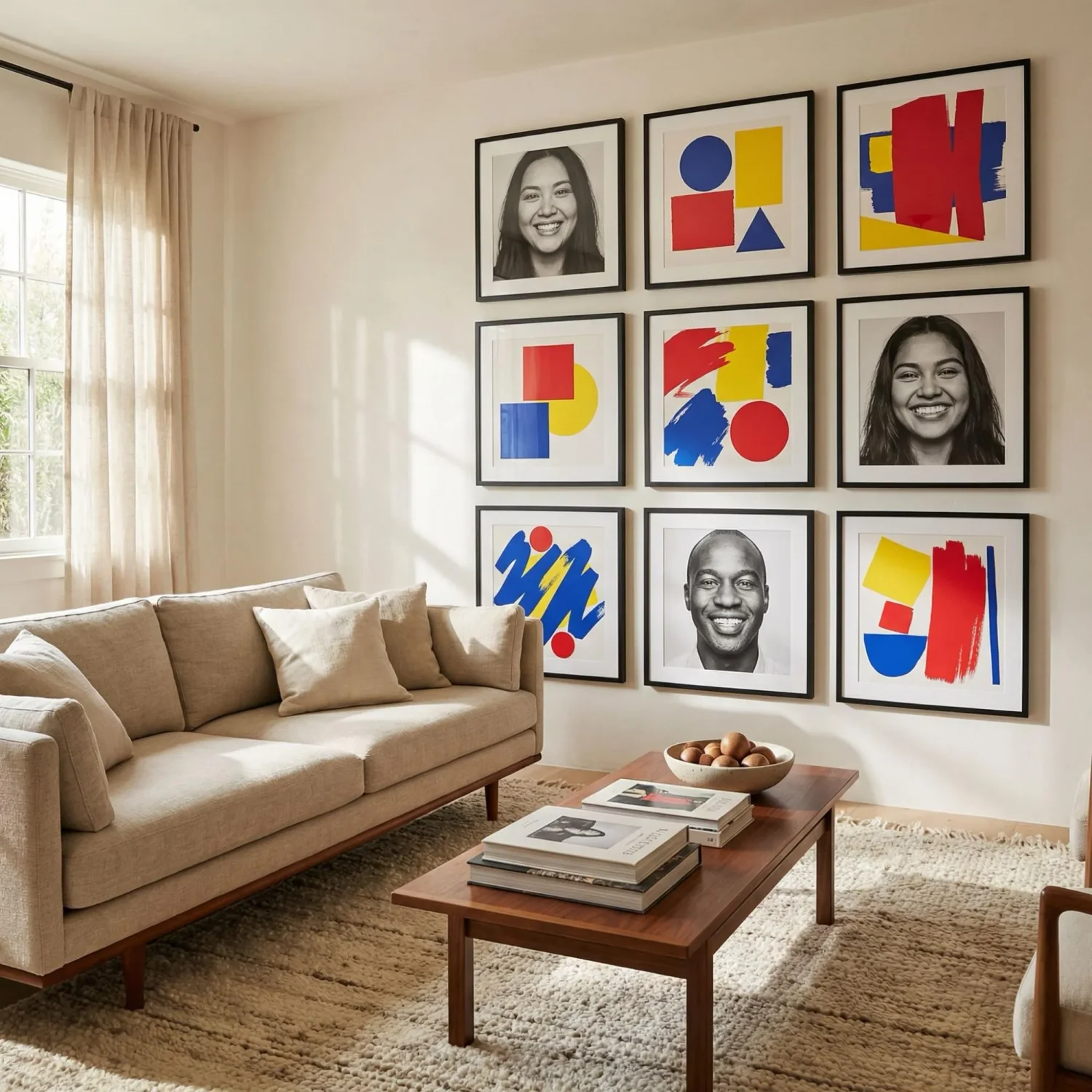 Pop art 3x3 gallery wall in modern living room