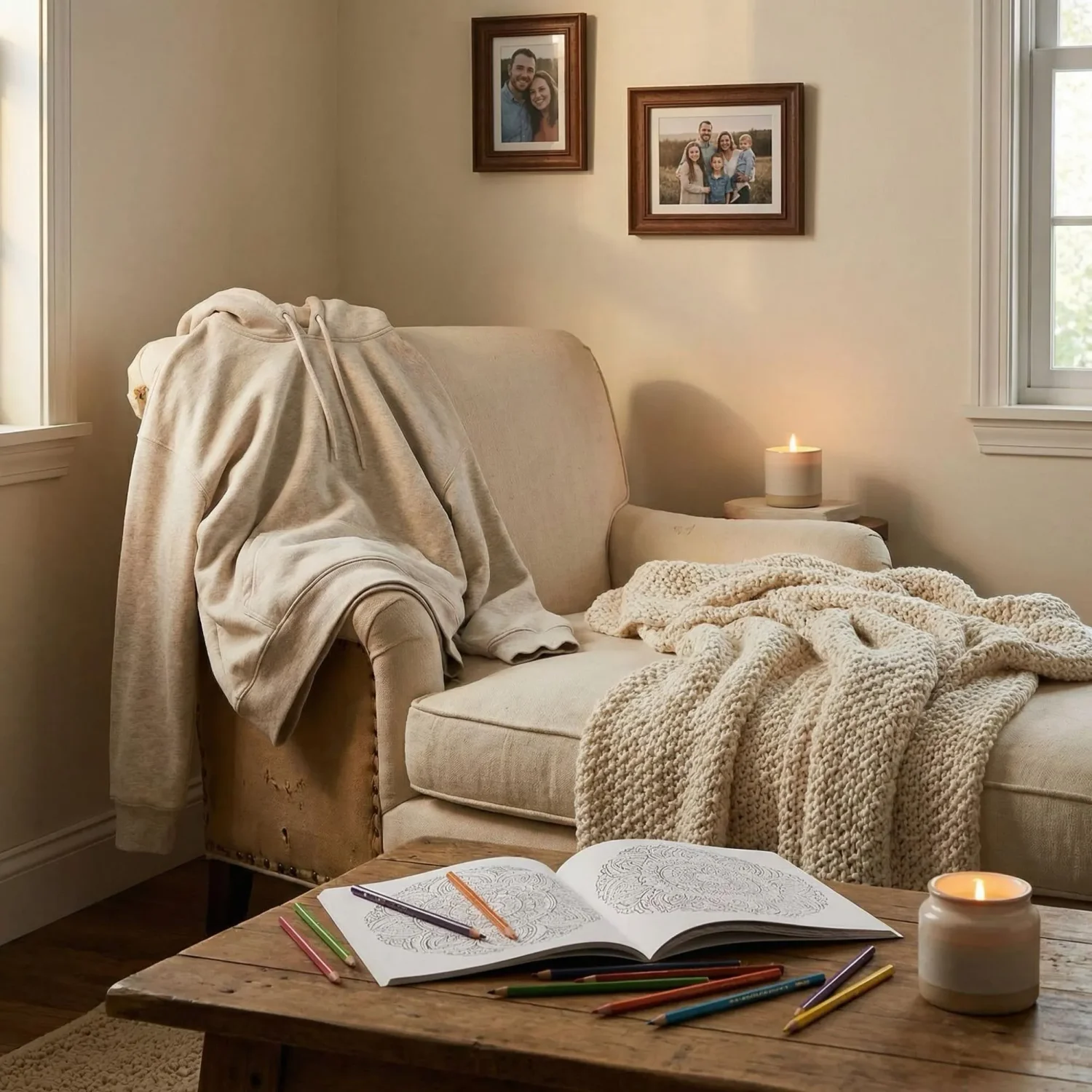 Cozy downtime corner with blanket and coloring book