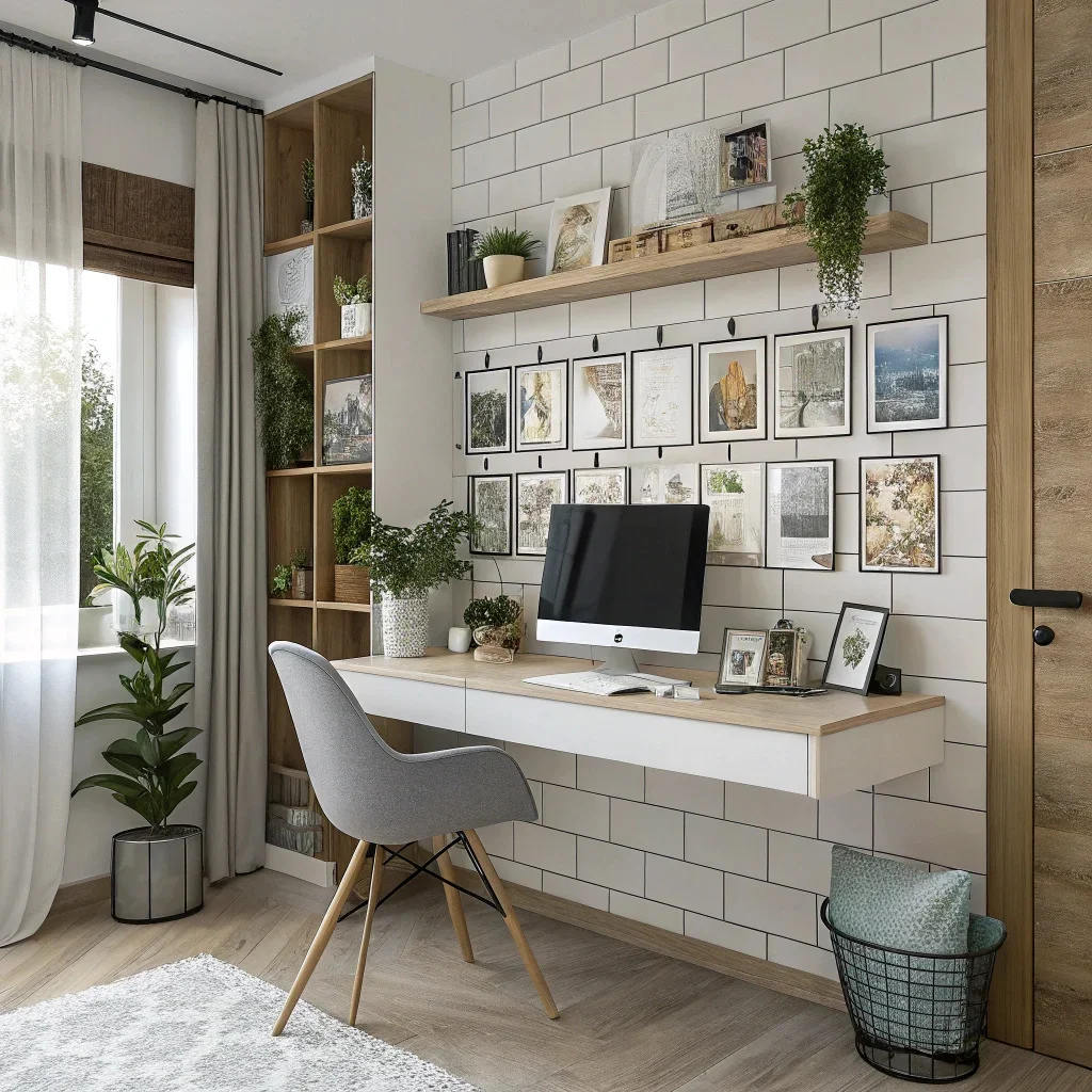 Home office with modular gallery wall of Mixtiles prints.