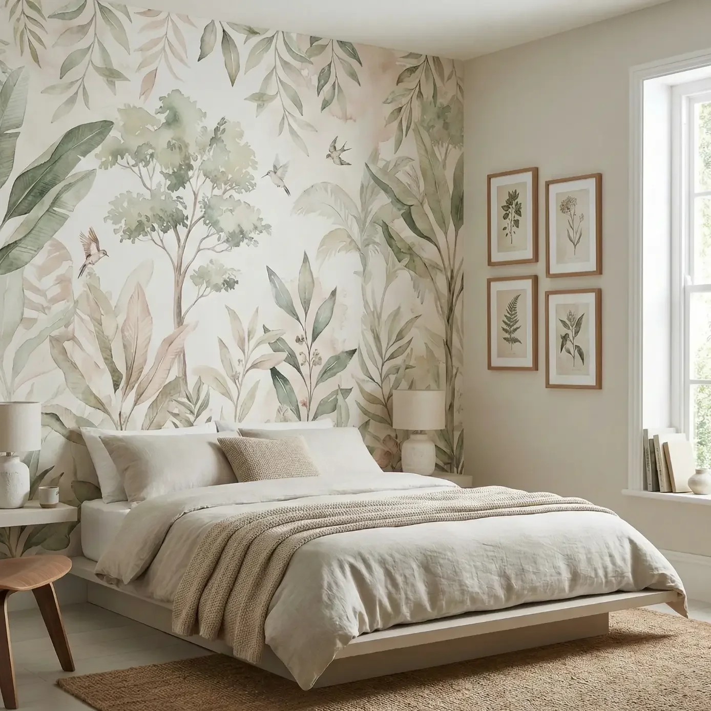 Bedroom with botanical mural wallpaper and light linen bedding
