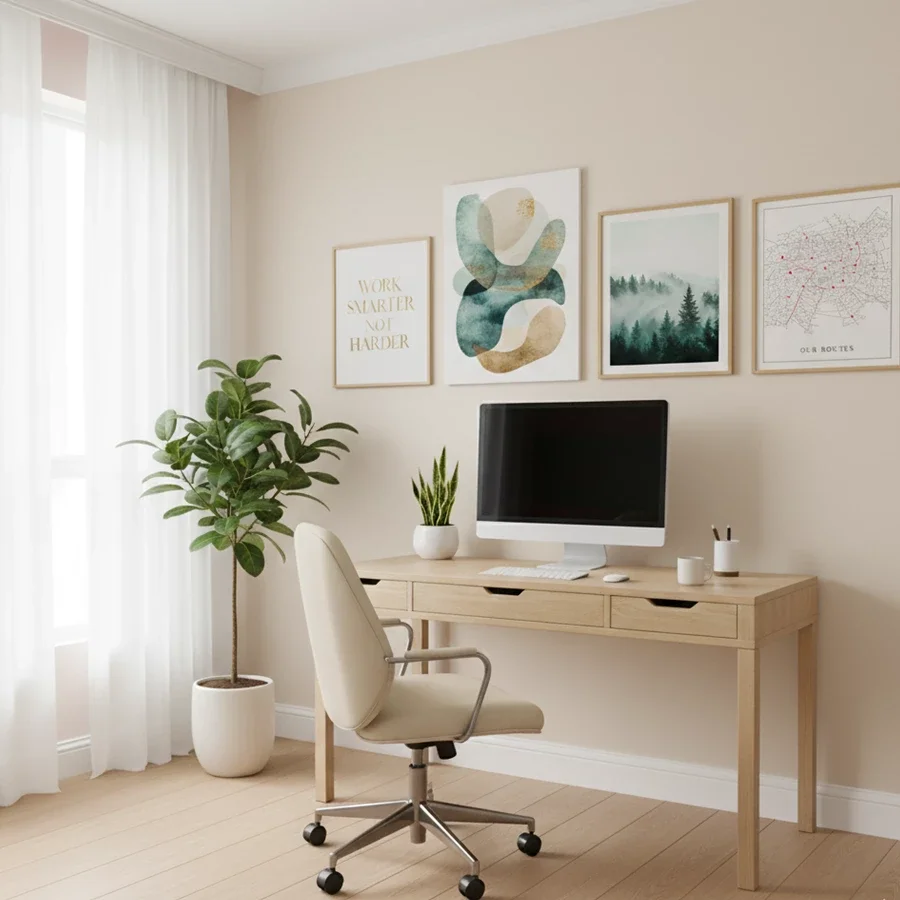 framed prints line wall above minimalist home office desk