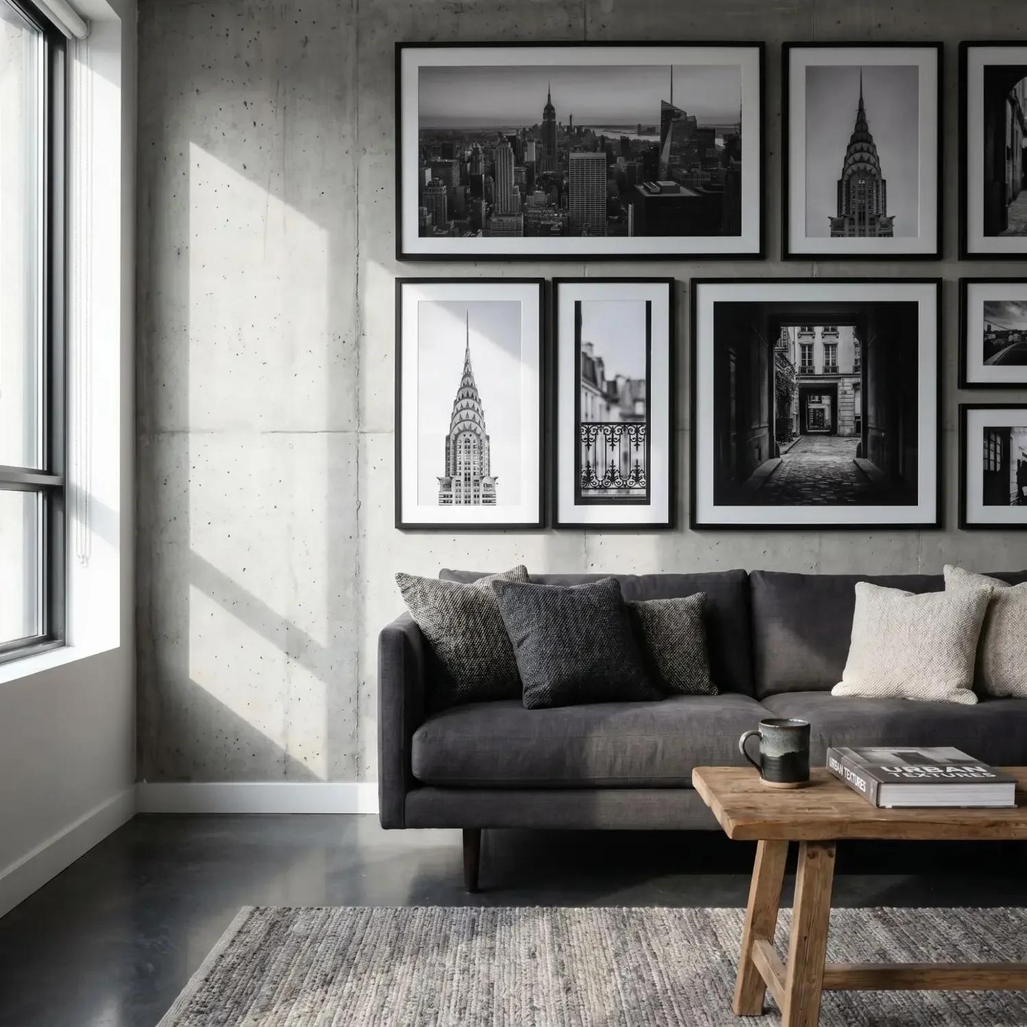 Black and white architecture prints in minimalist living room