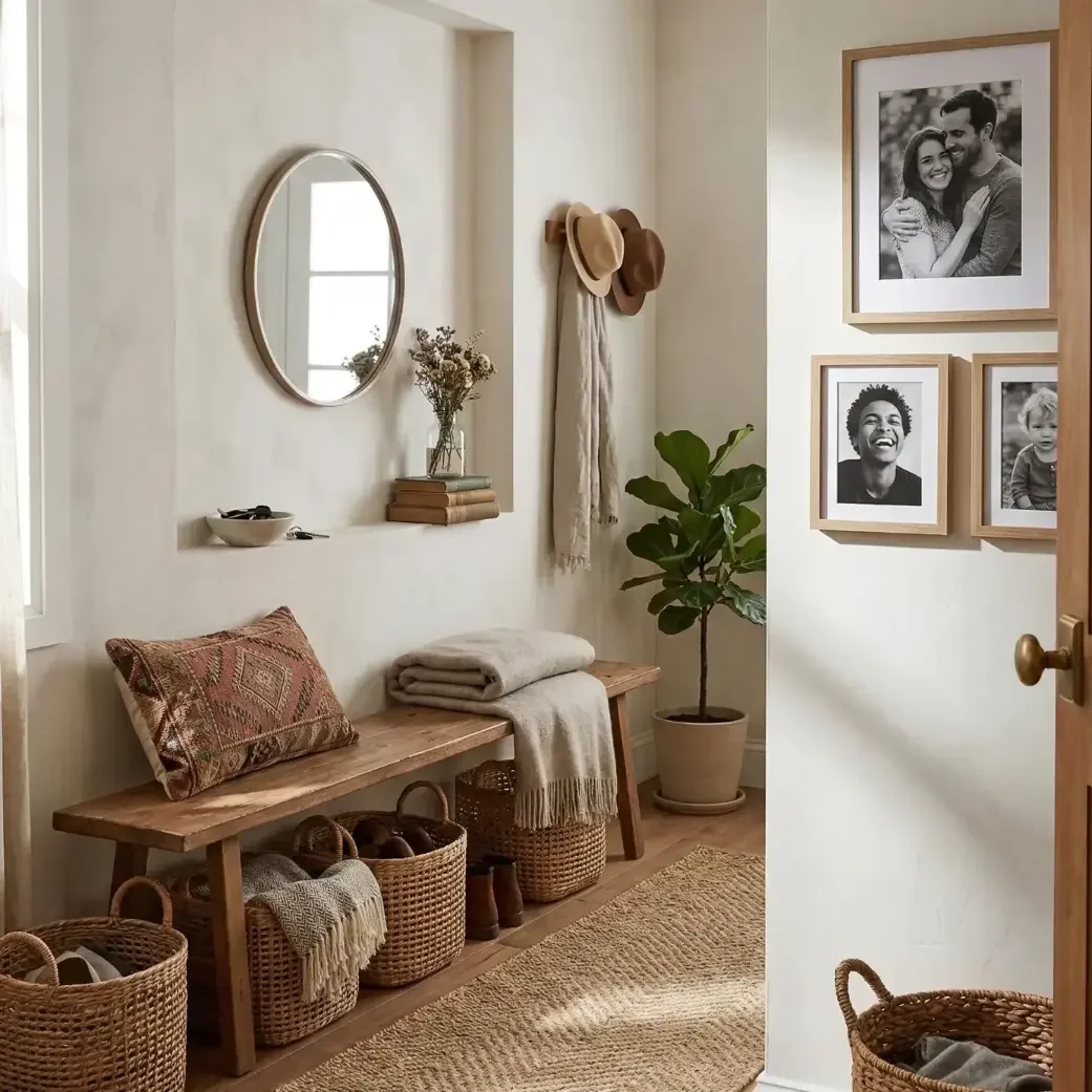 Cozy entryway with wooden bench, baskets, and photo wall