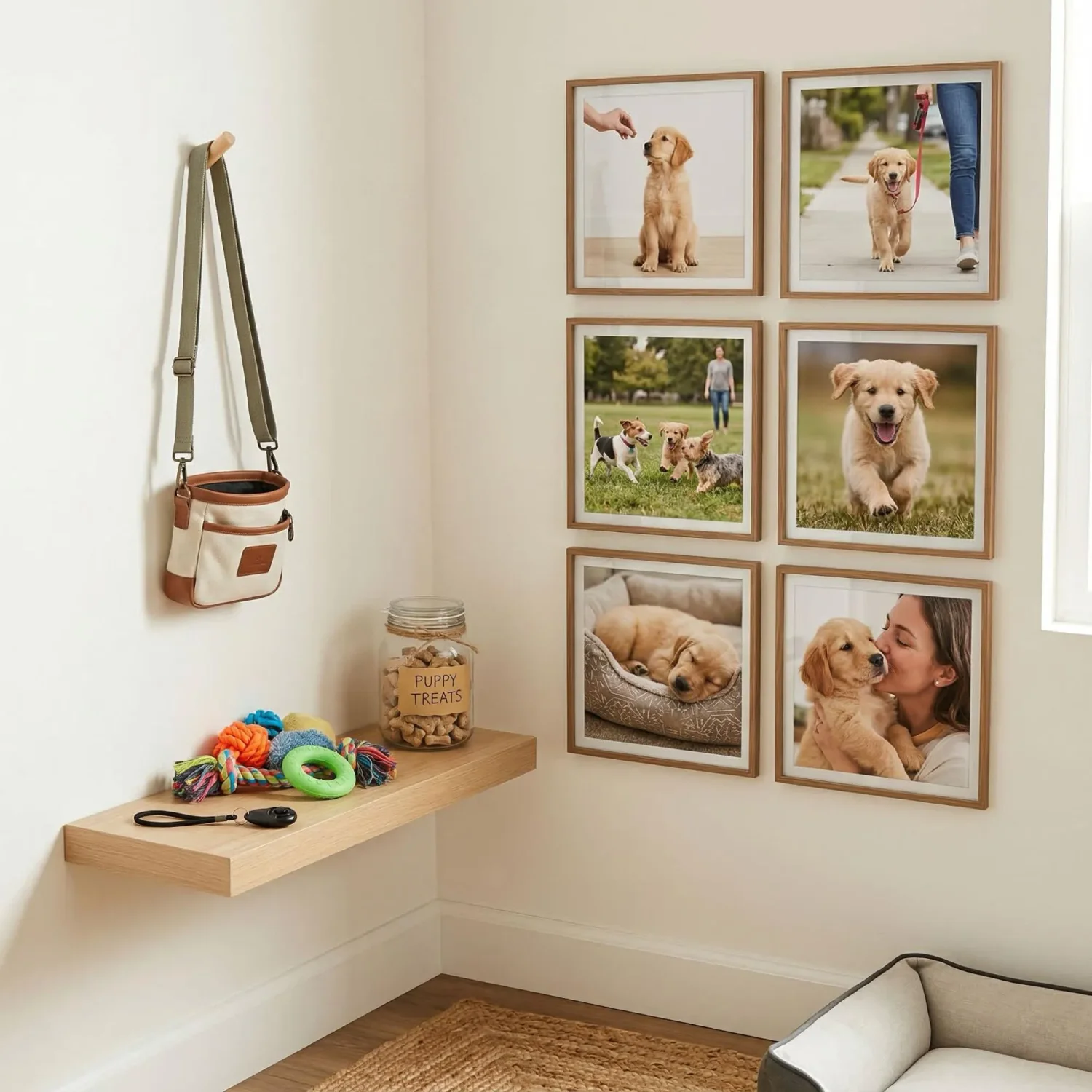 Puppy parent training tools and milestone photo wall