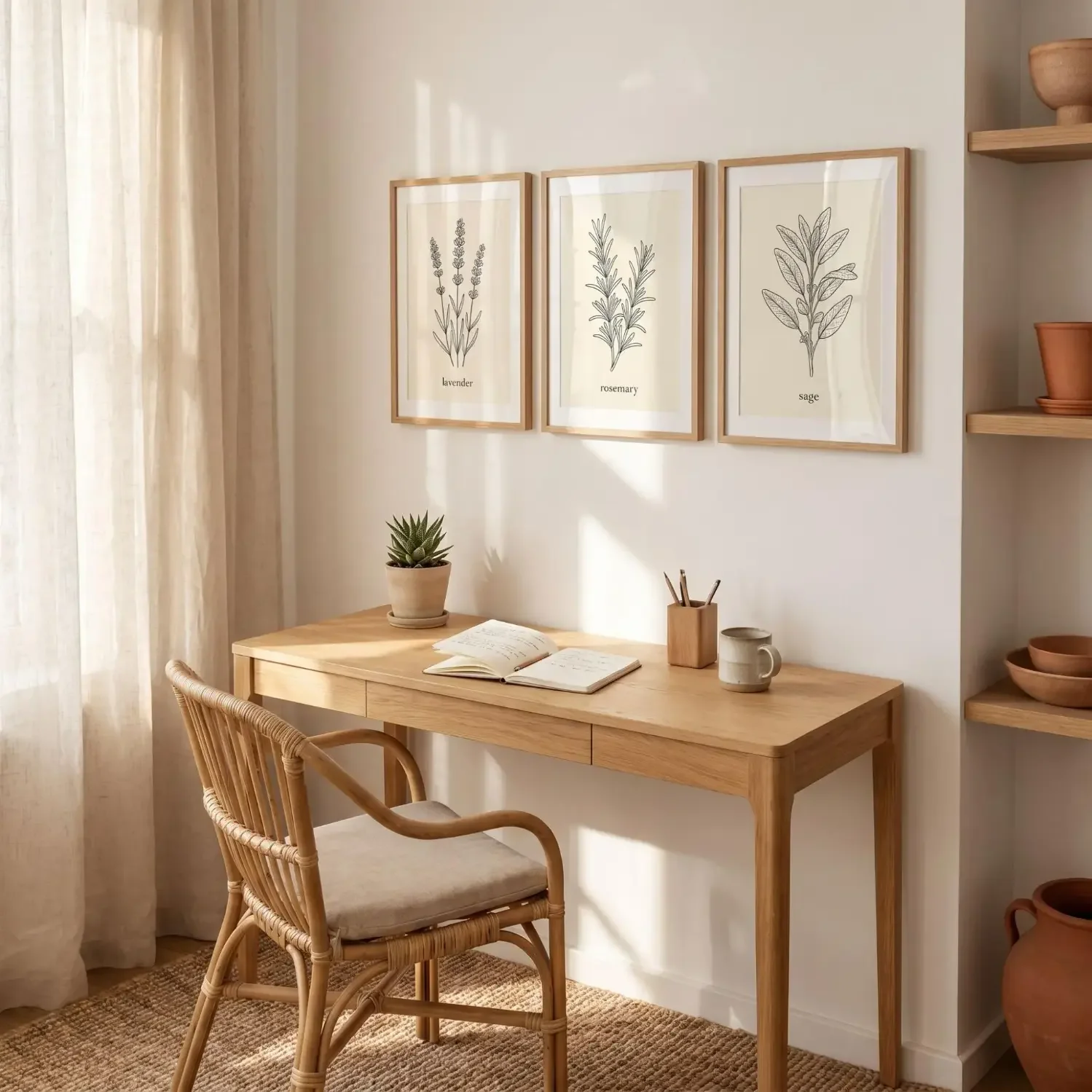 Lavender framed print in a cozy home office nook
