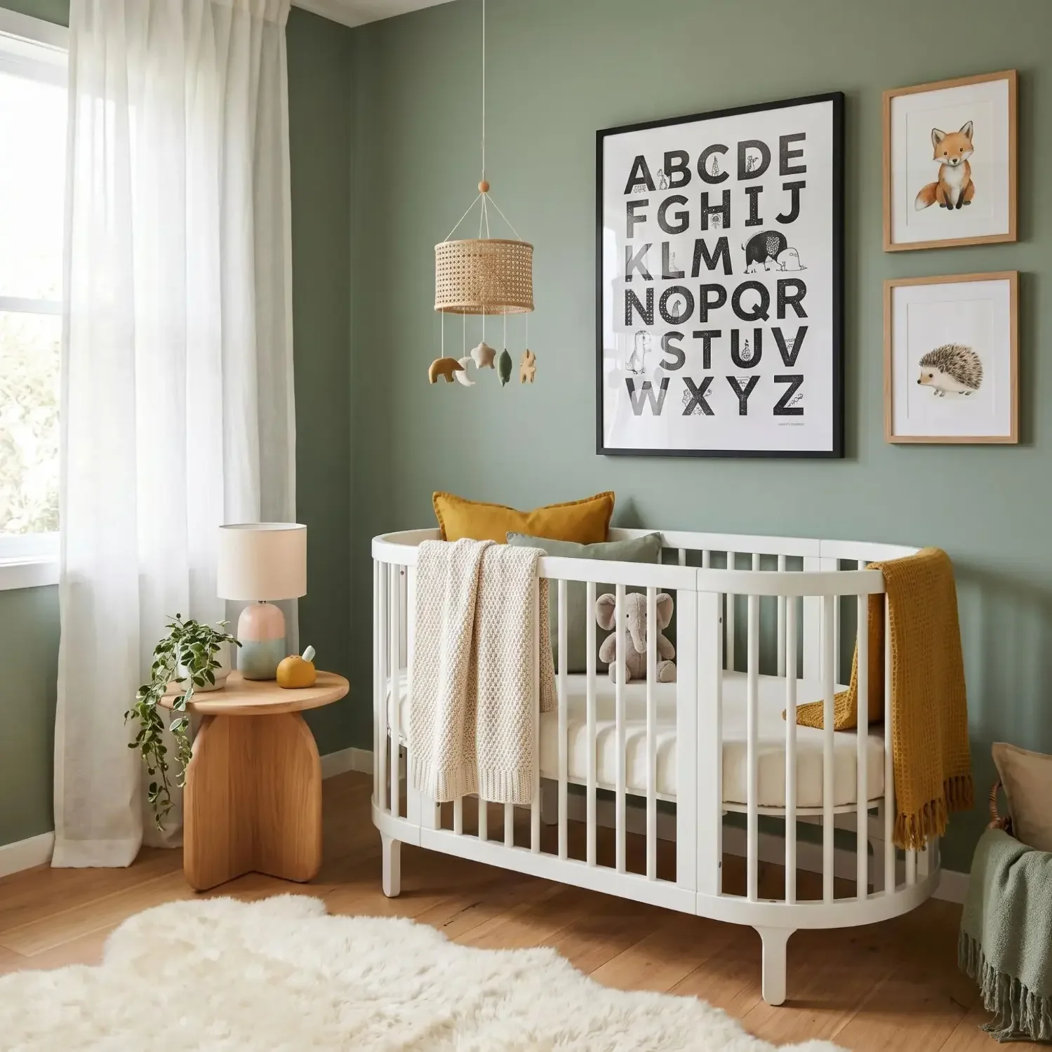 Alphabet wall art above crib in cozy nursery