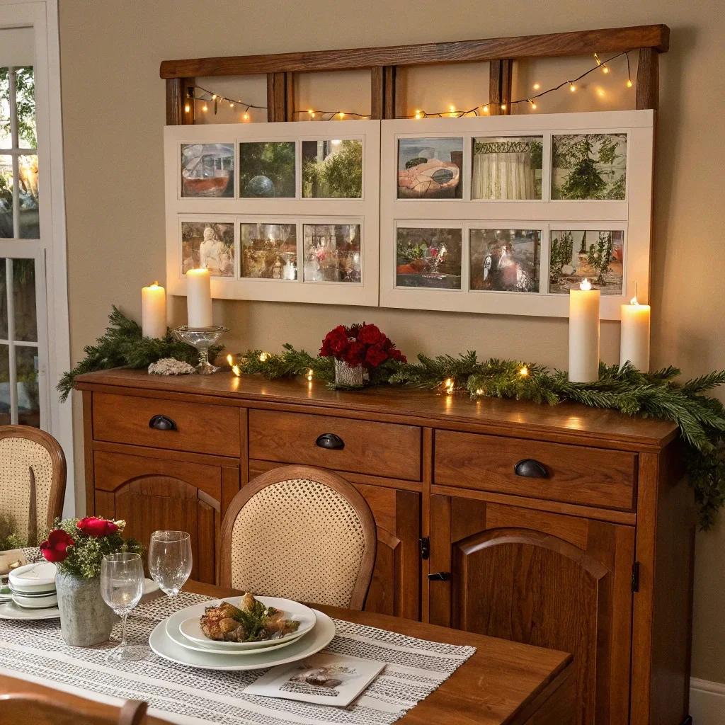 Christmas photo tiles above a buffet, styled with table décor and soft lighting.