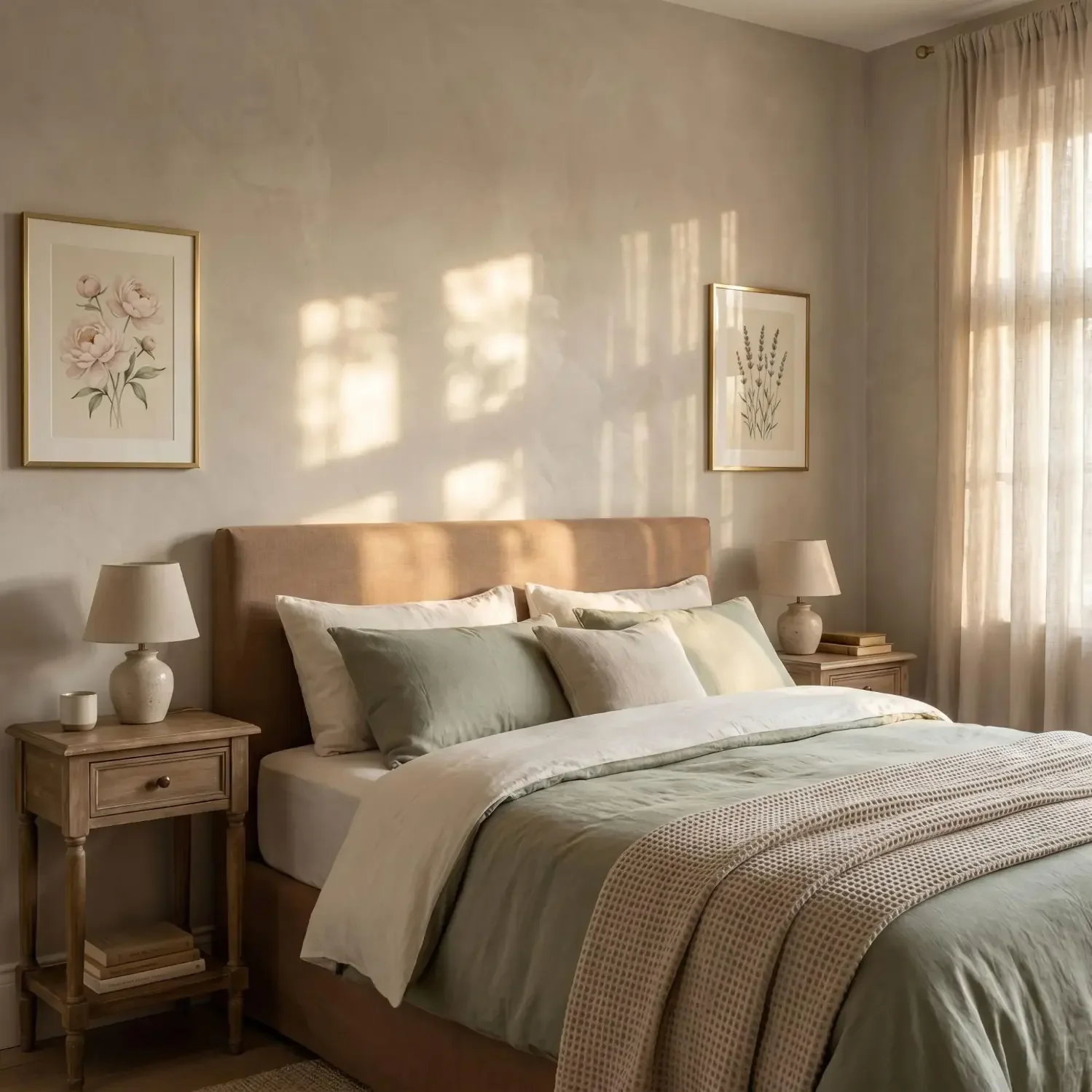 Botanical framed prints above bedroom bedside tables