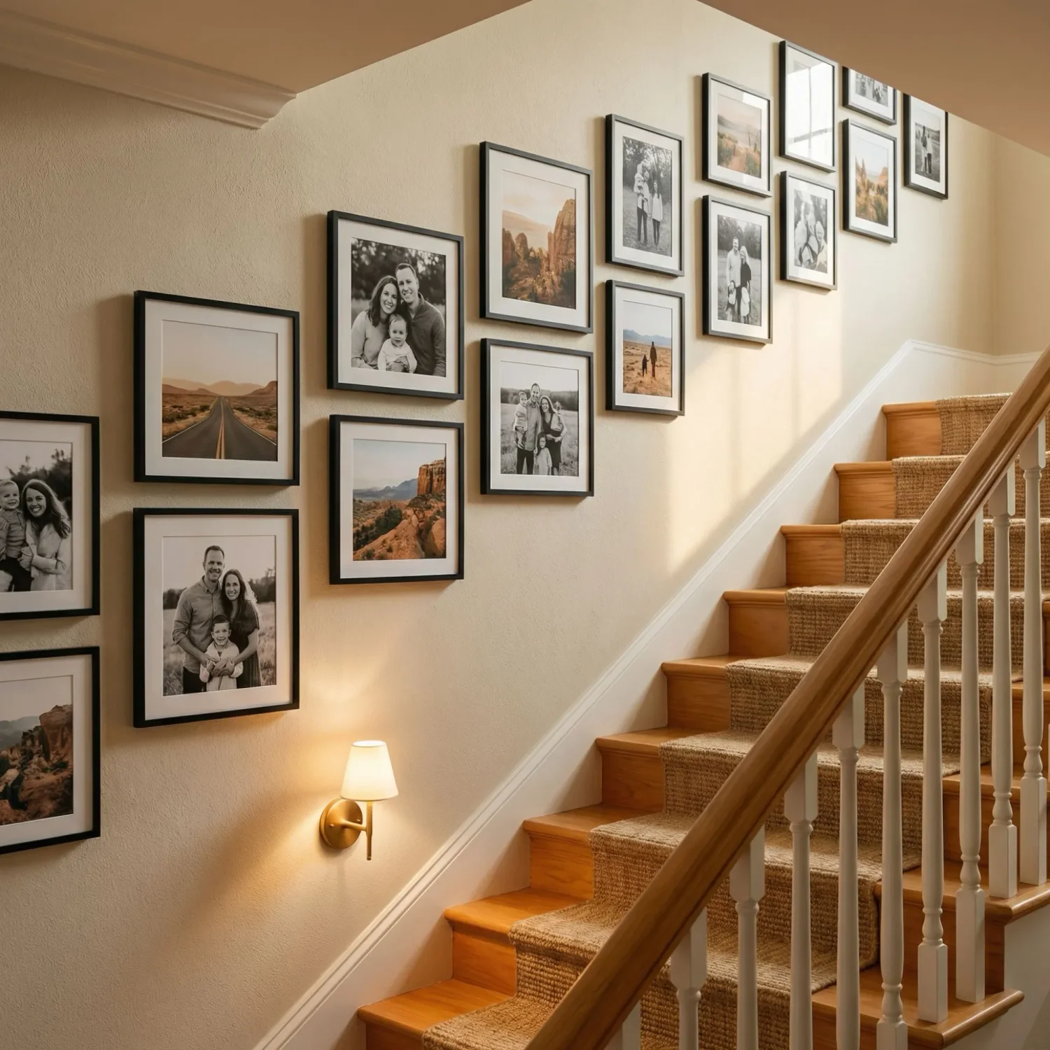 Staircase gallery wall with stepped framed photos