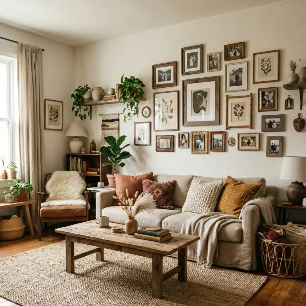 Cozy boho living room with gallery wall and neutral sofa